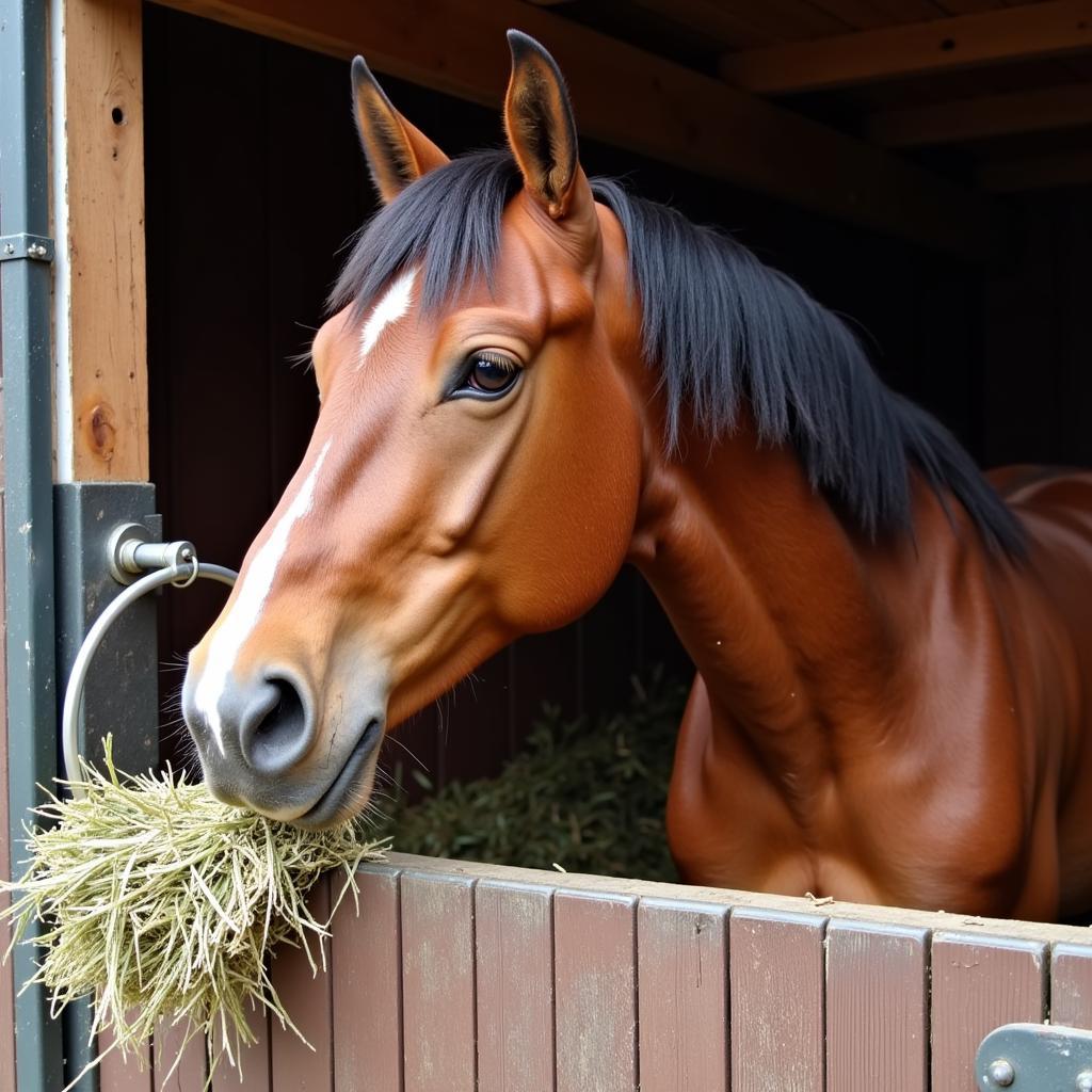 Horse Eating Hay From a Ring in Its Stable