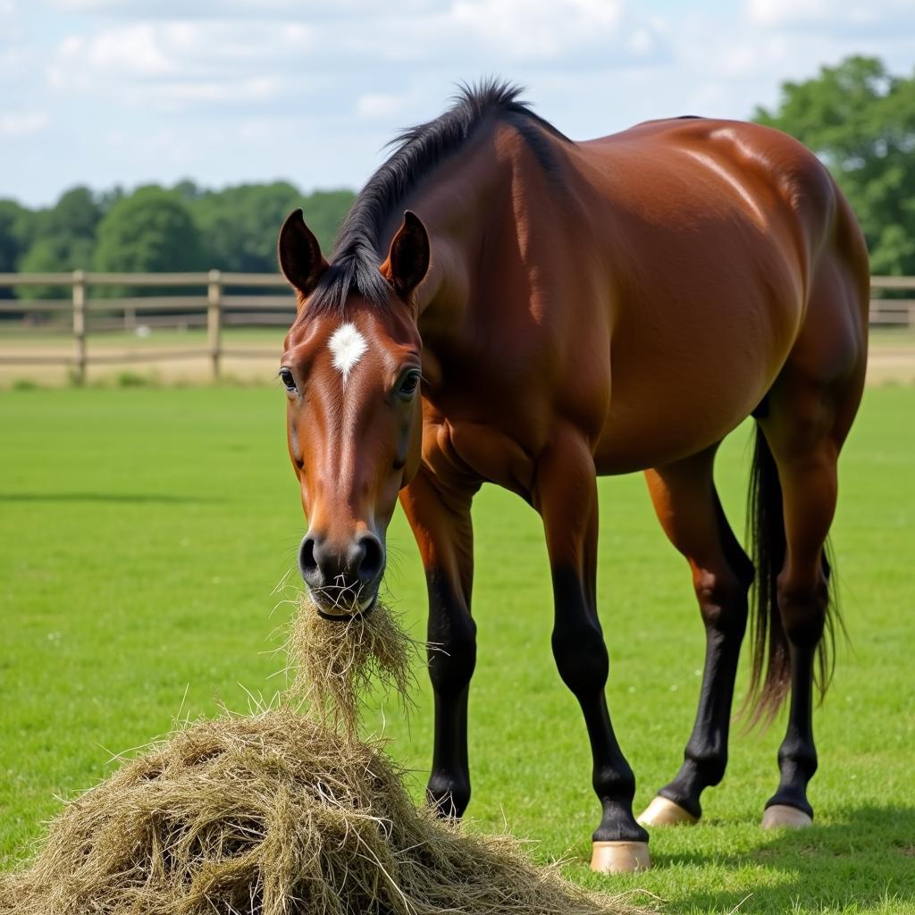 Horse Eating Hay in Pasture