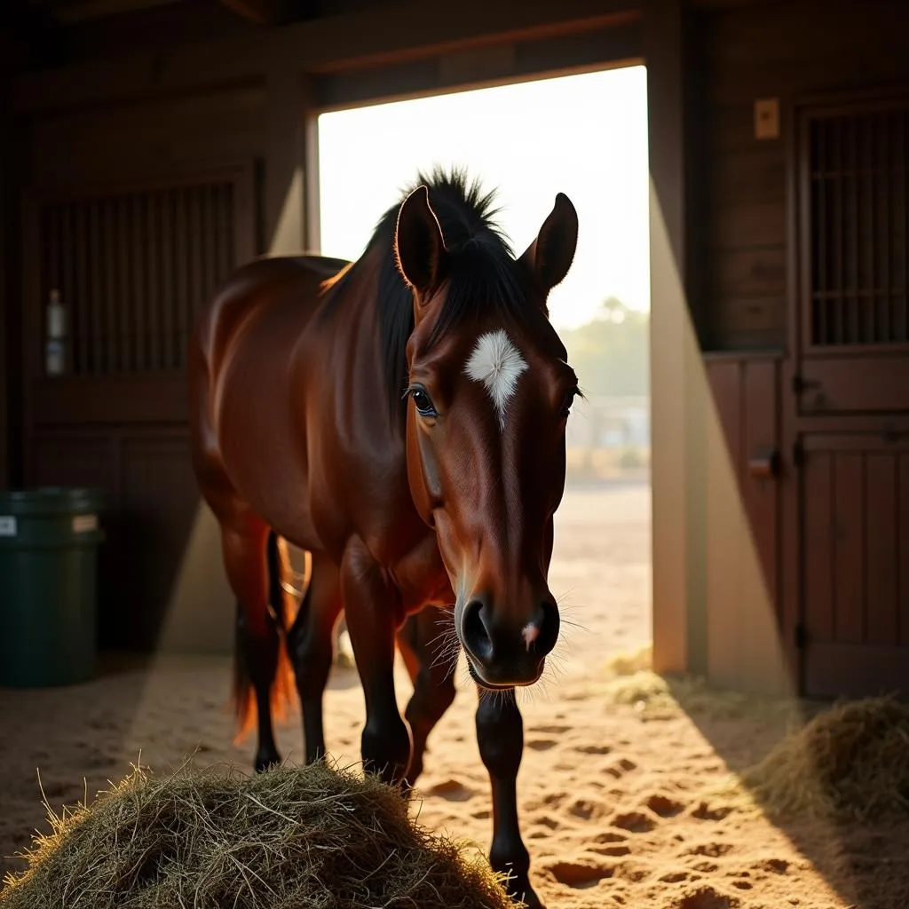 Horse Eating Hay in Stable