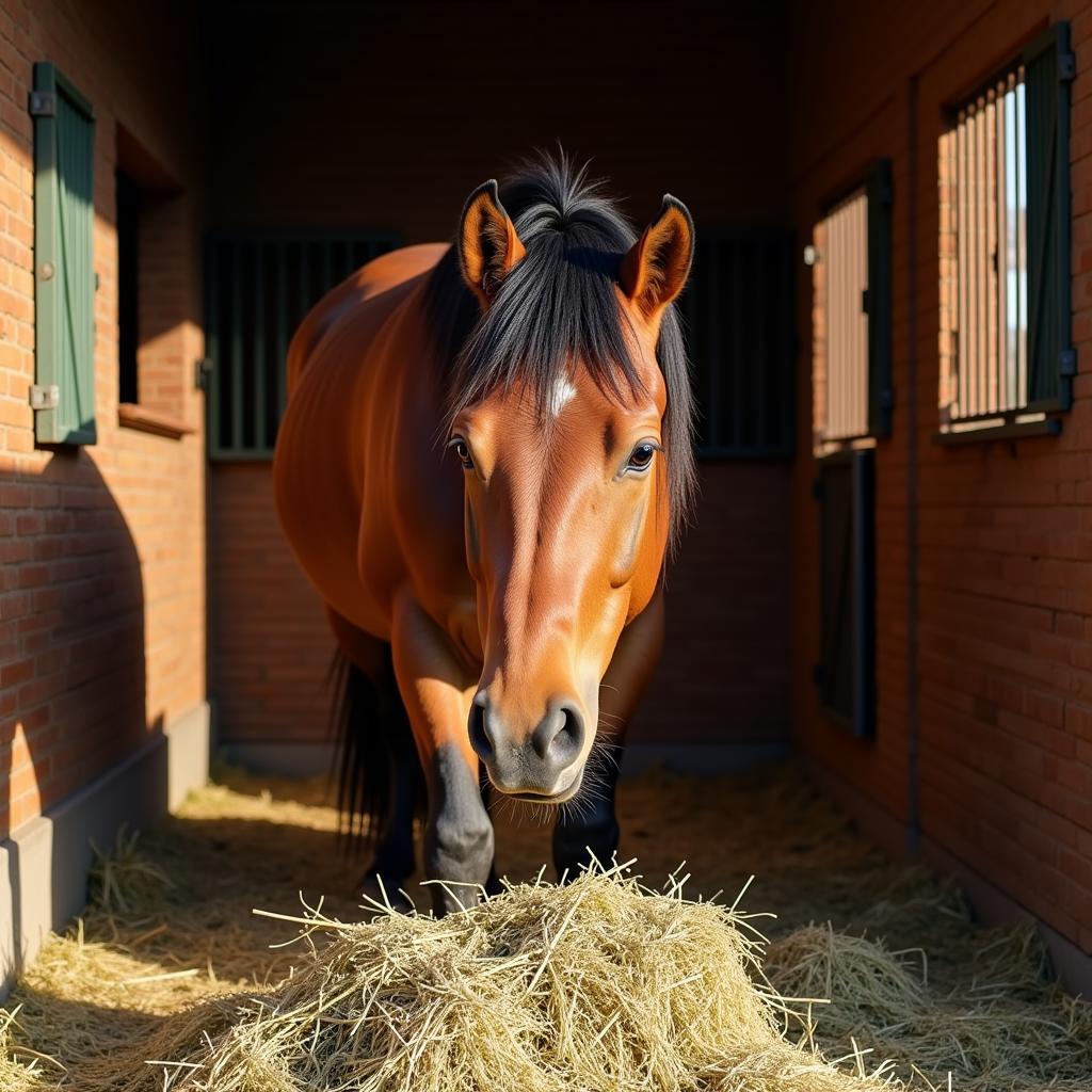 Horse Eating Hay in Stable