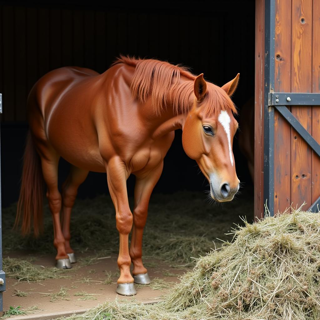 Horse Eating Hay in Stable