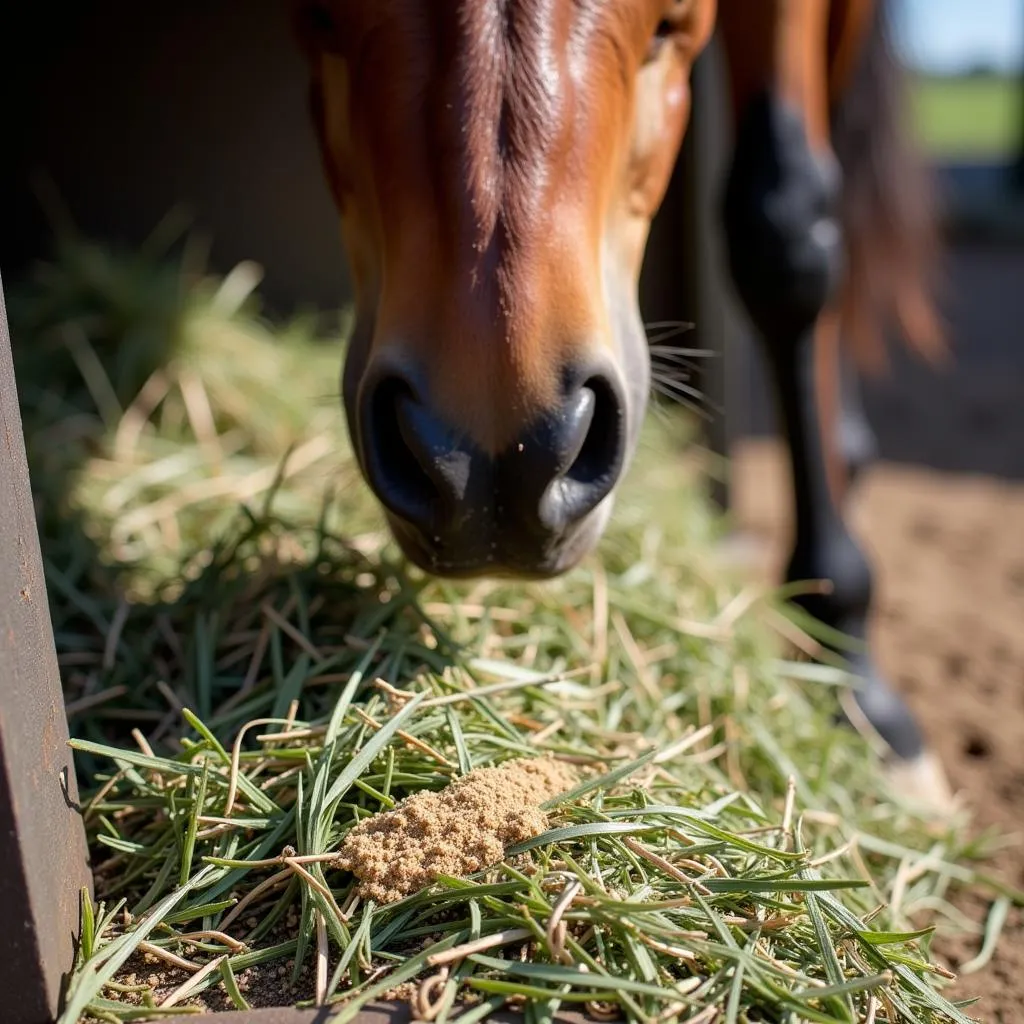 Horse Eating Hay with Probiotic Supplement