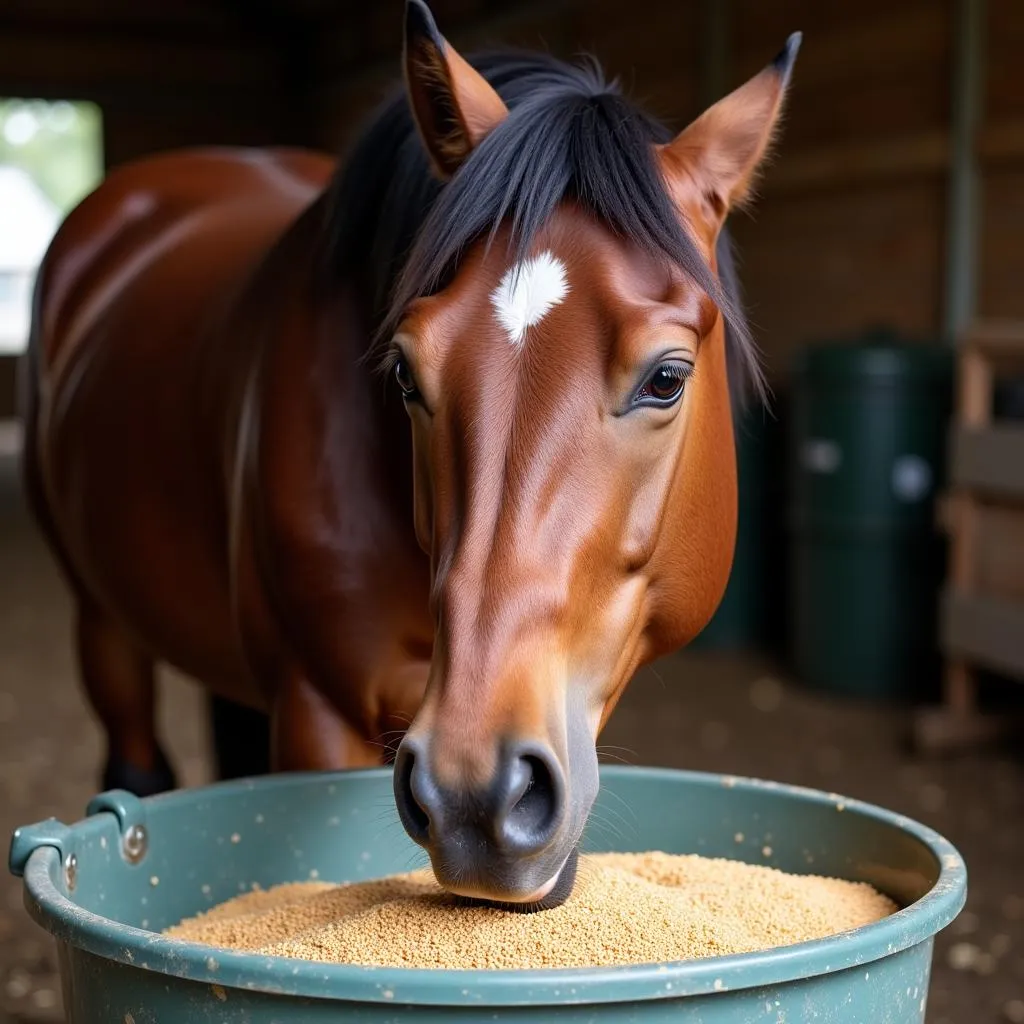 Horse Eating Linseed from Bucket