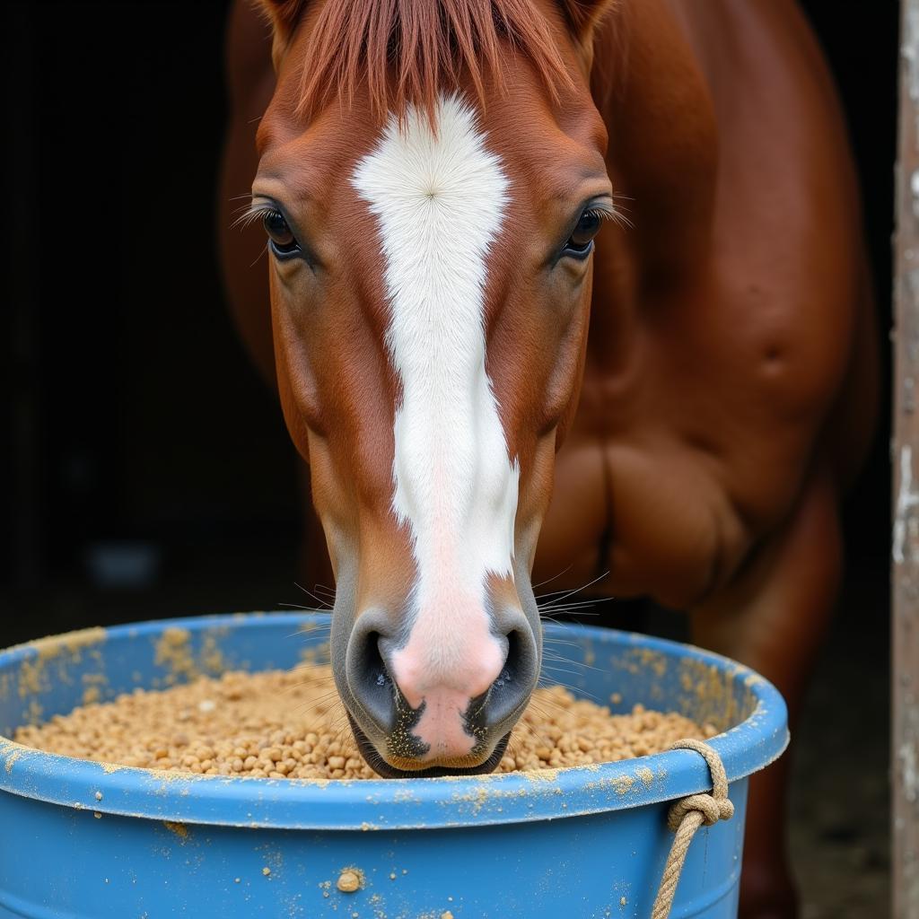 Horse Eating Millet from Bucket