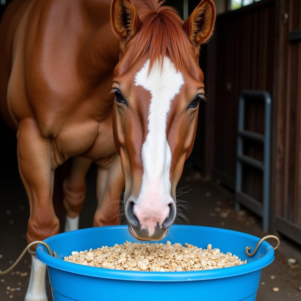 Horse Enjoying Oats from a Bucket