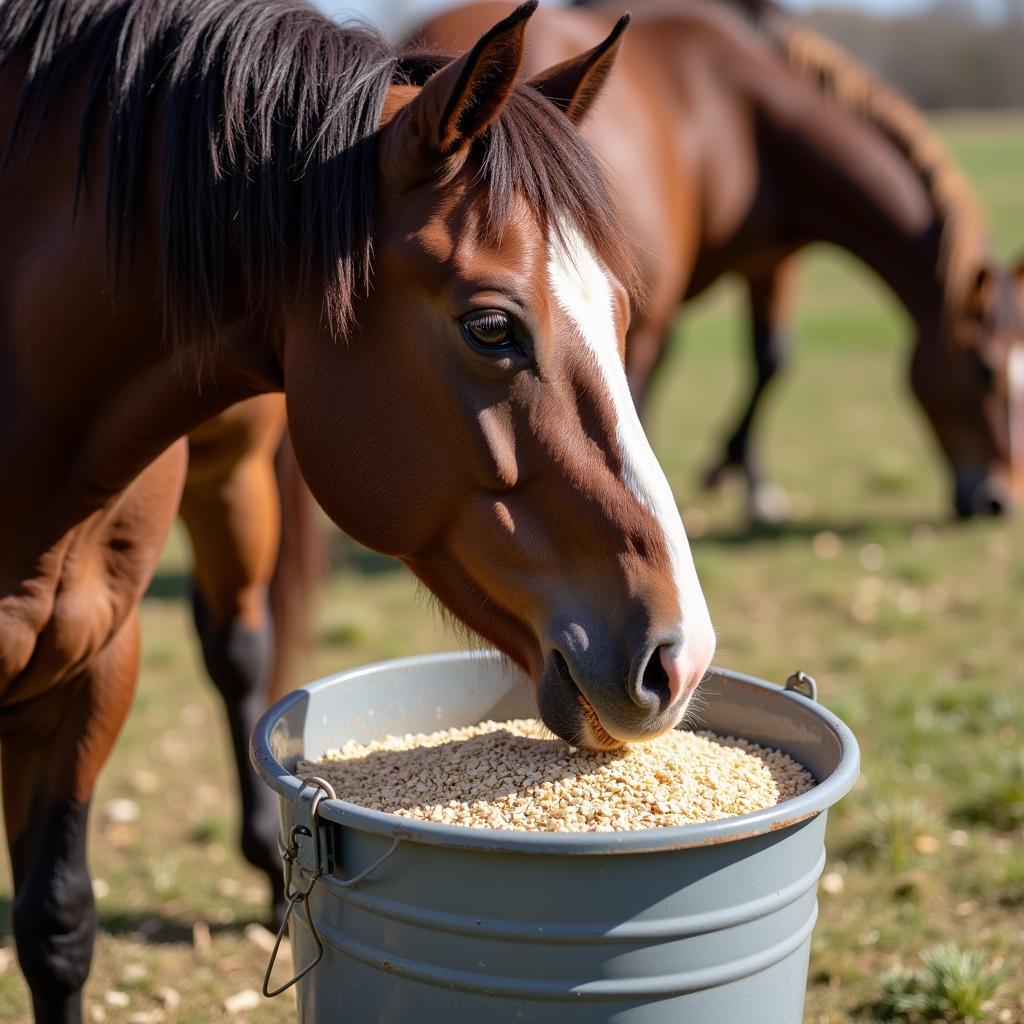 A horse eating oats from a bucket