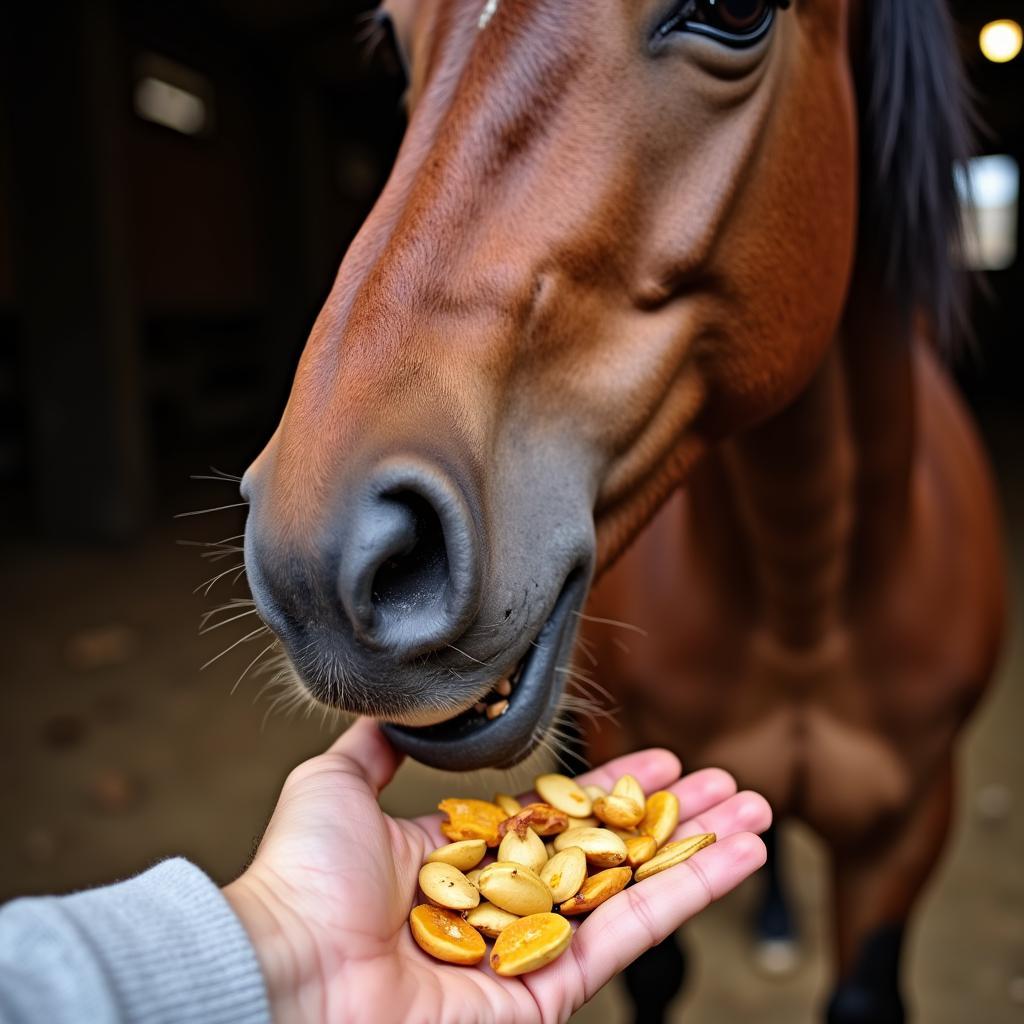 Horse enjoying roasted pumpkin seeds as a treat