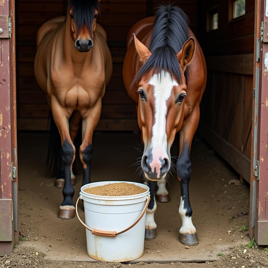 Horse Eating Rice Bran Oil Supplement