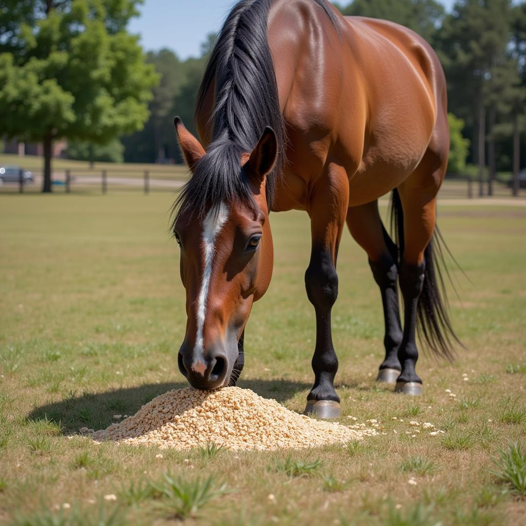 Horse comfortably eating senior feed from a bucket