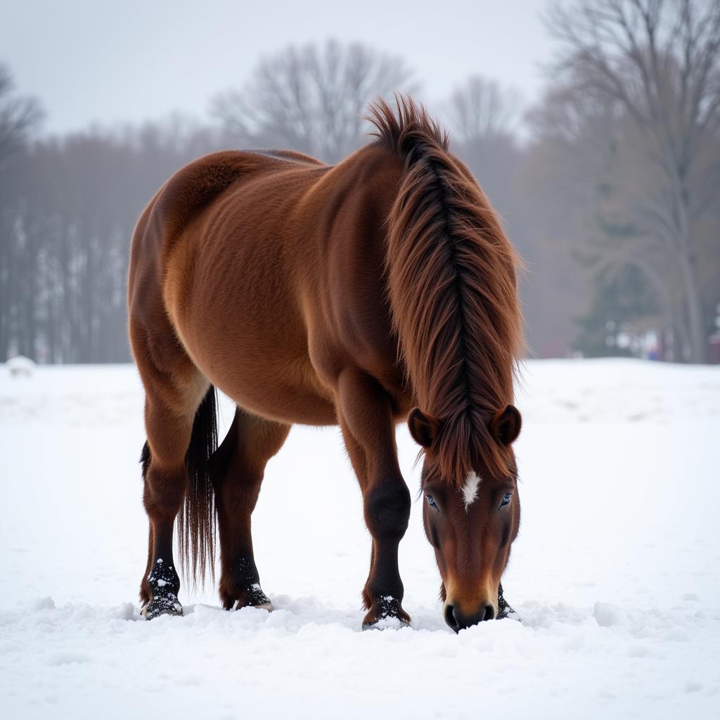 Horse Eating Snow in a Winter Field