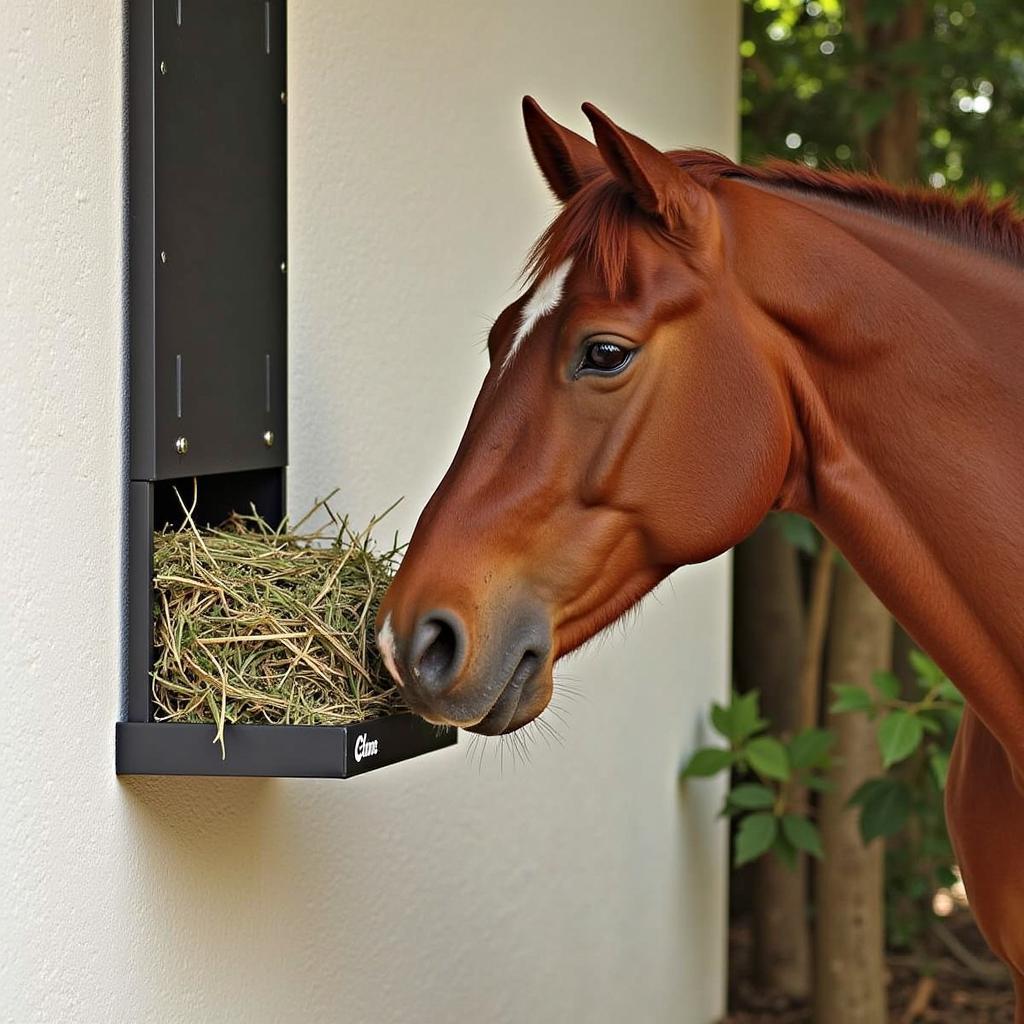 Horse eating soaked hay from an elevated feeder