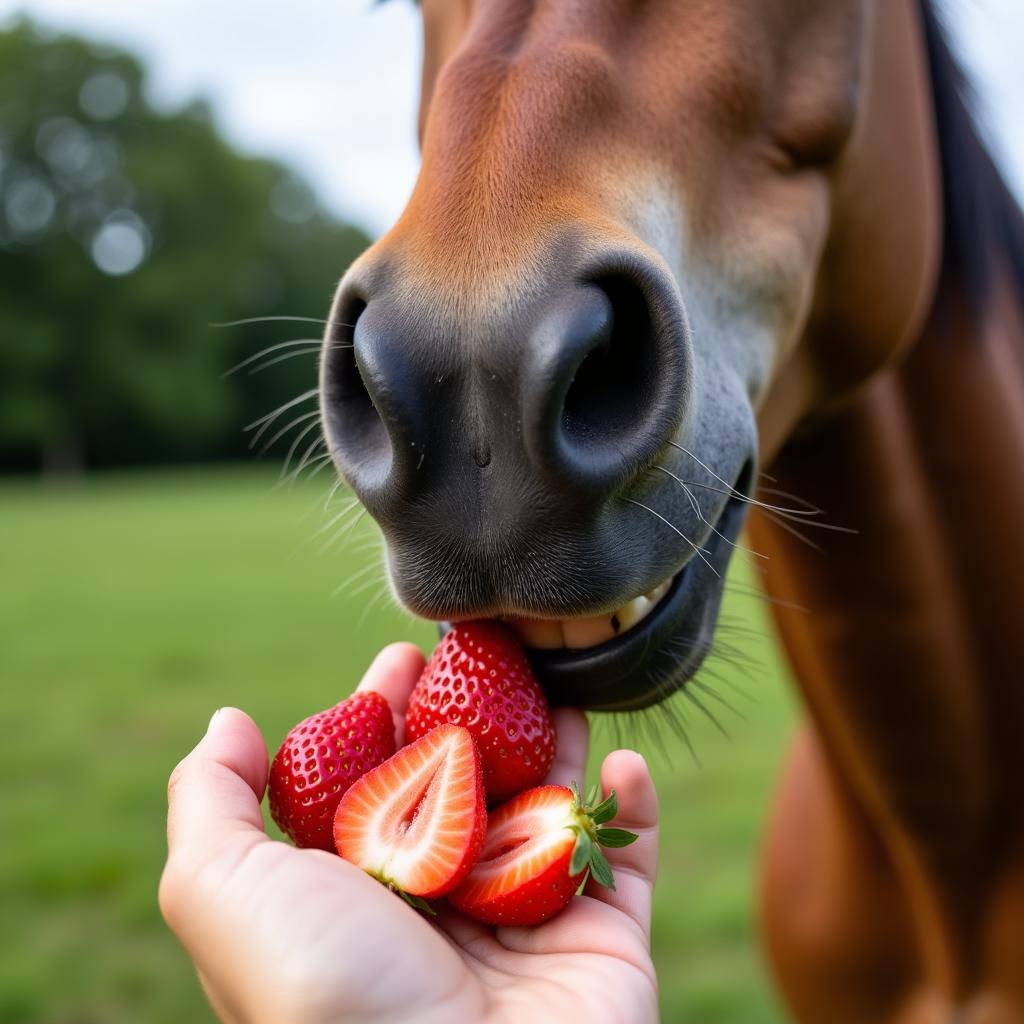 Horse Eating Sliced Strawberries