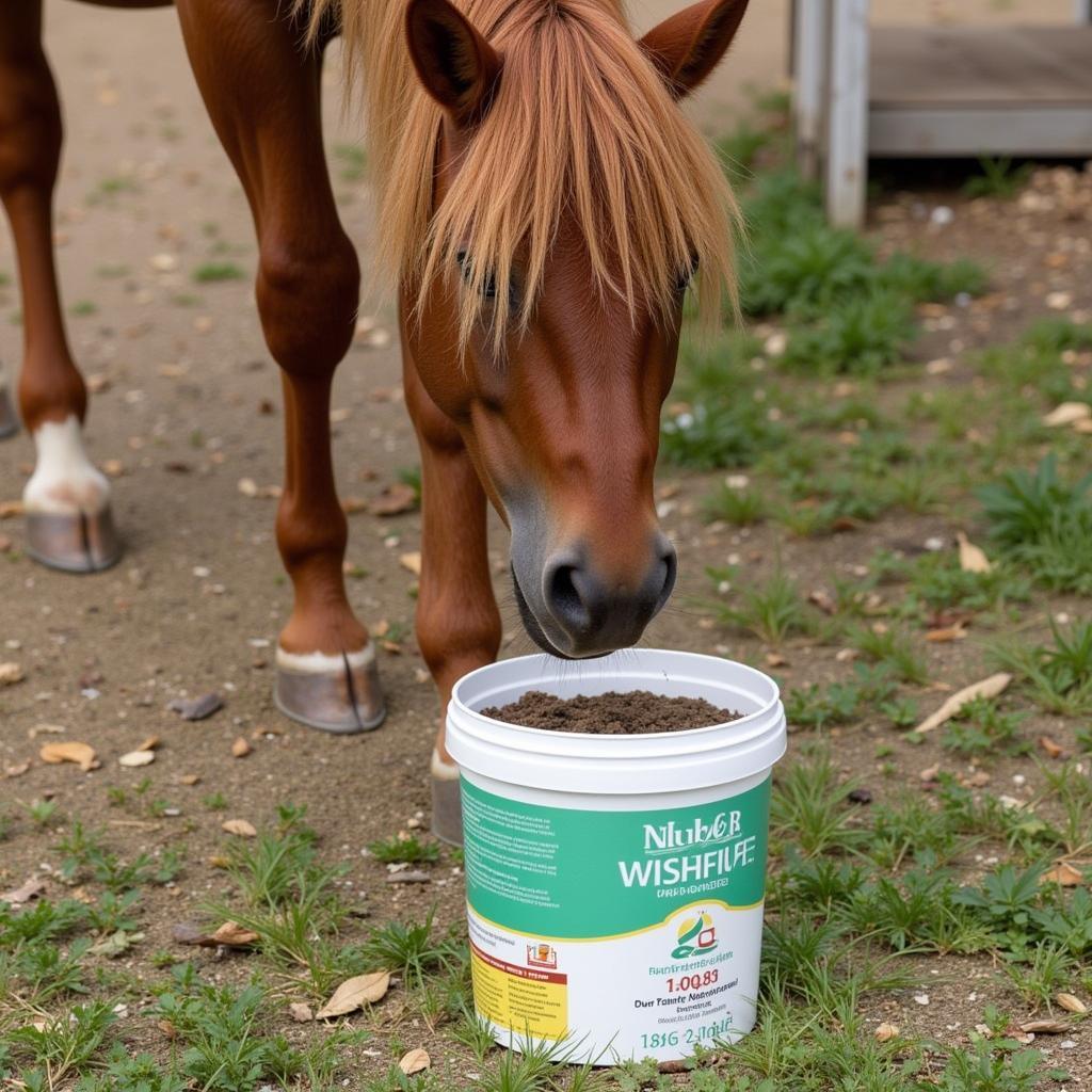 Horse Eating Supplements from a Bucket