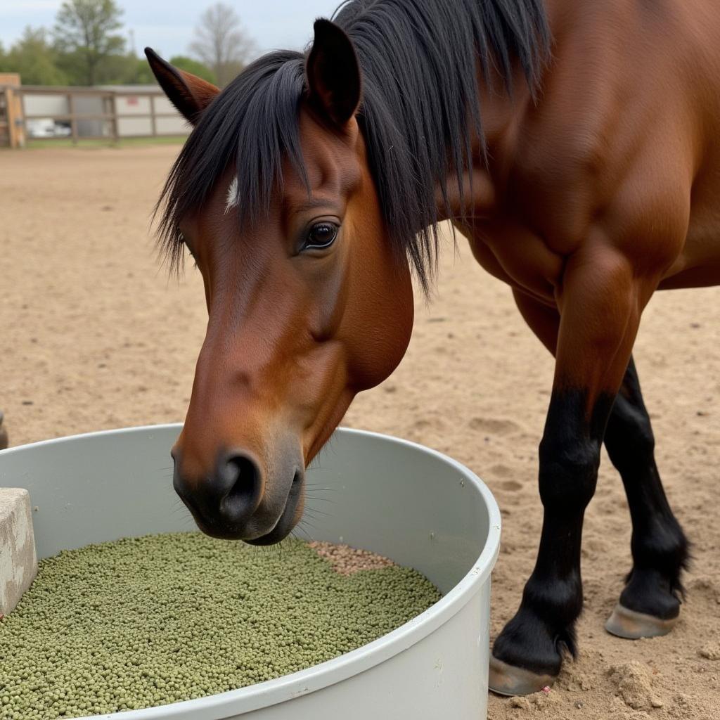 A bay horse enjoys a meal of timothy pellets