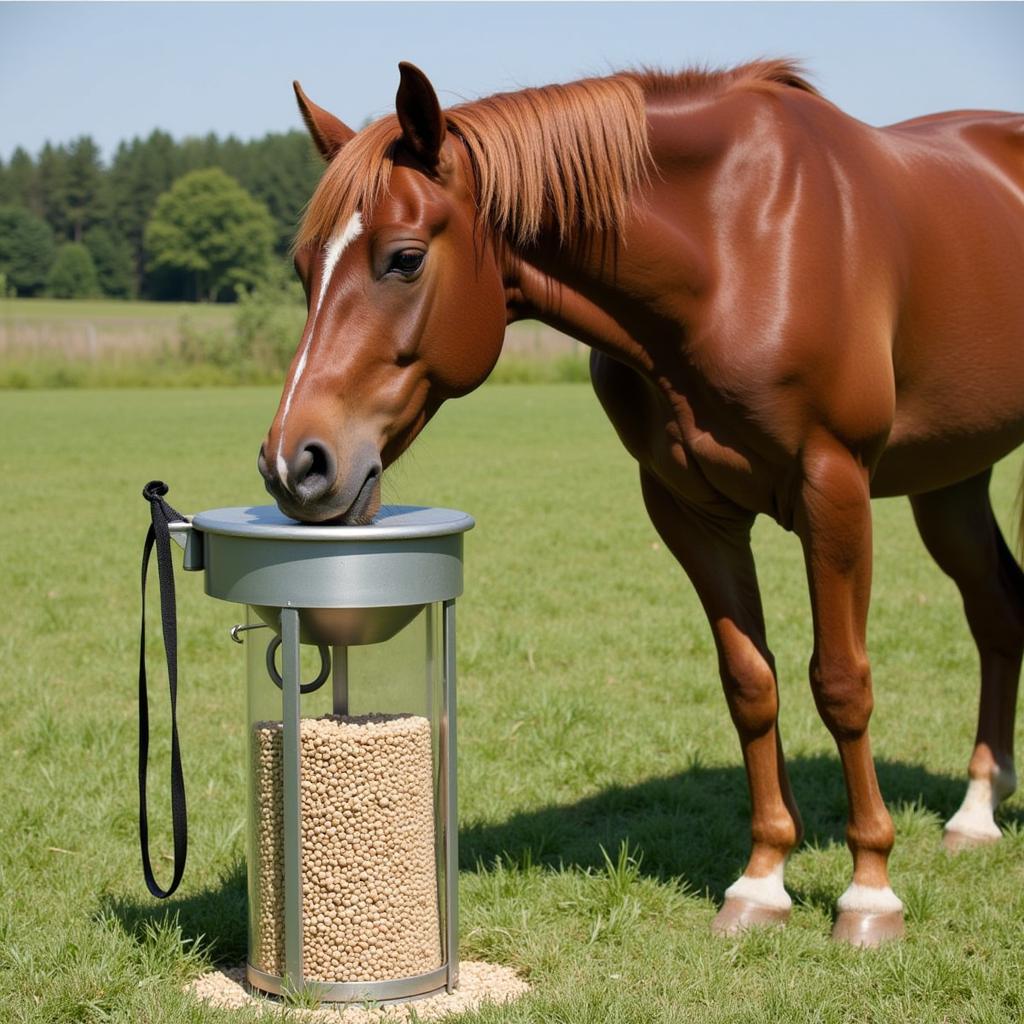 A bay horse enjoys timothy pellets from a feeder