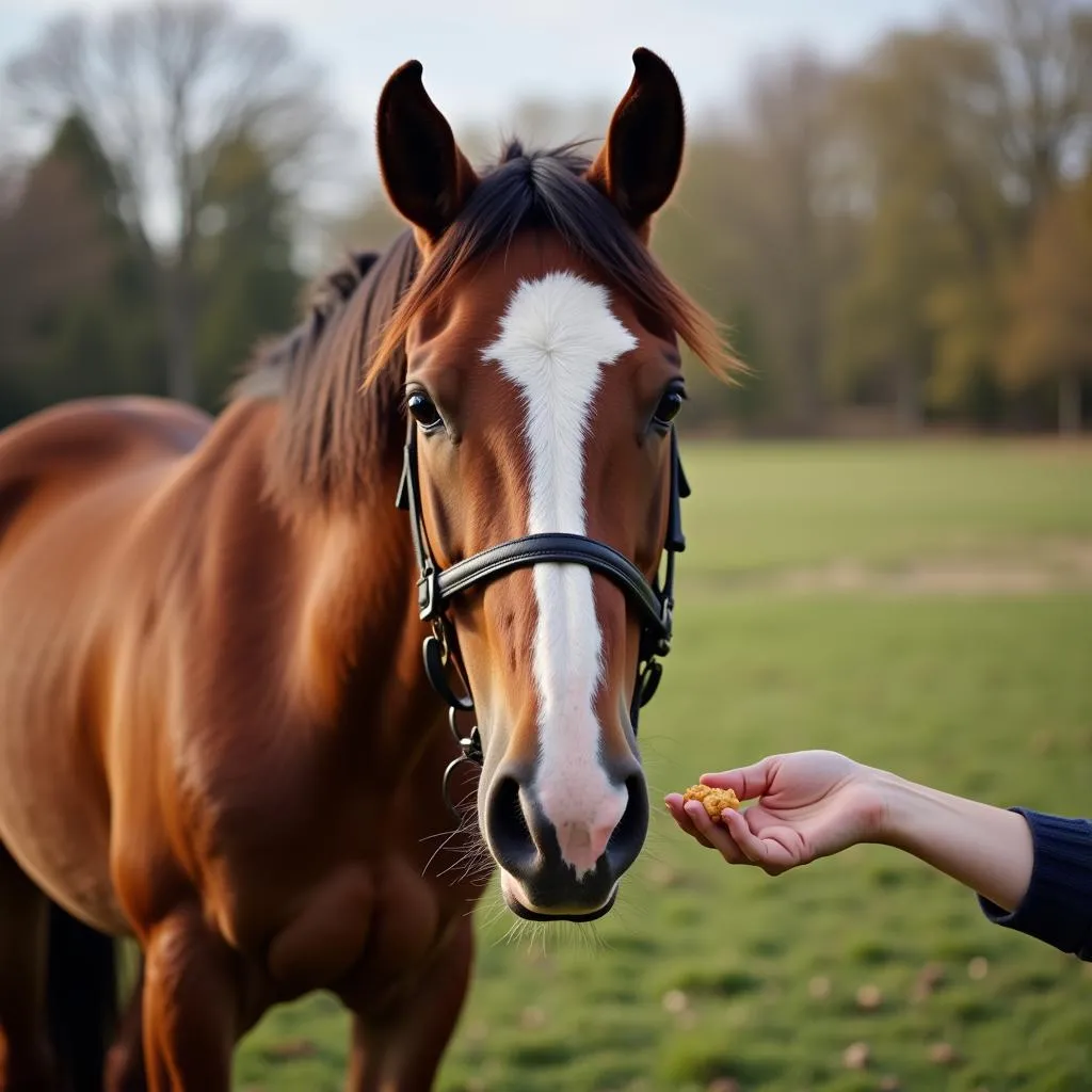 Horse Enjoying a Soft Treat from its Owner