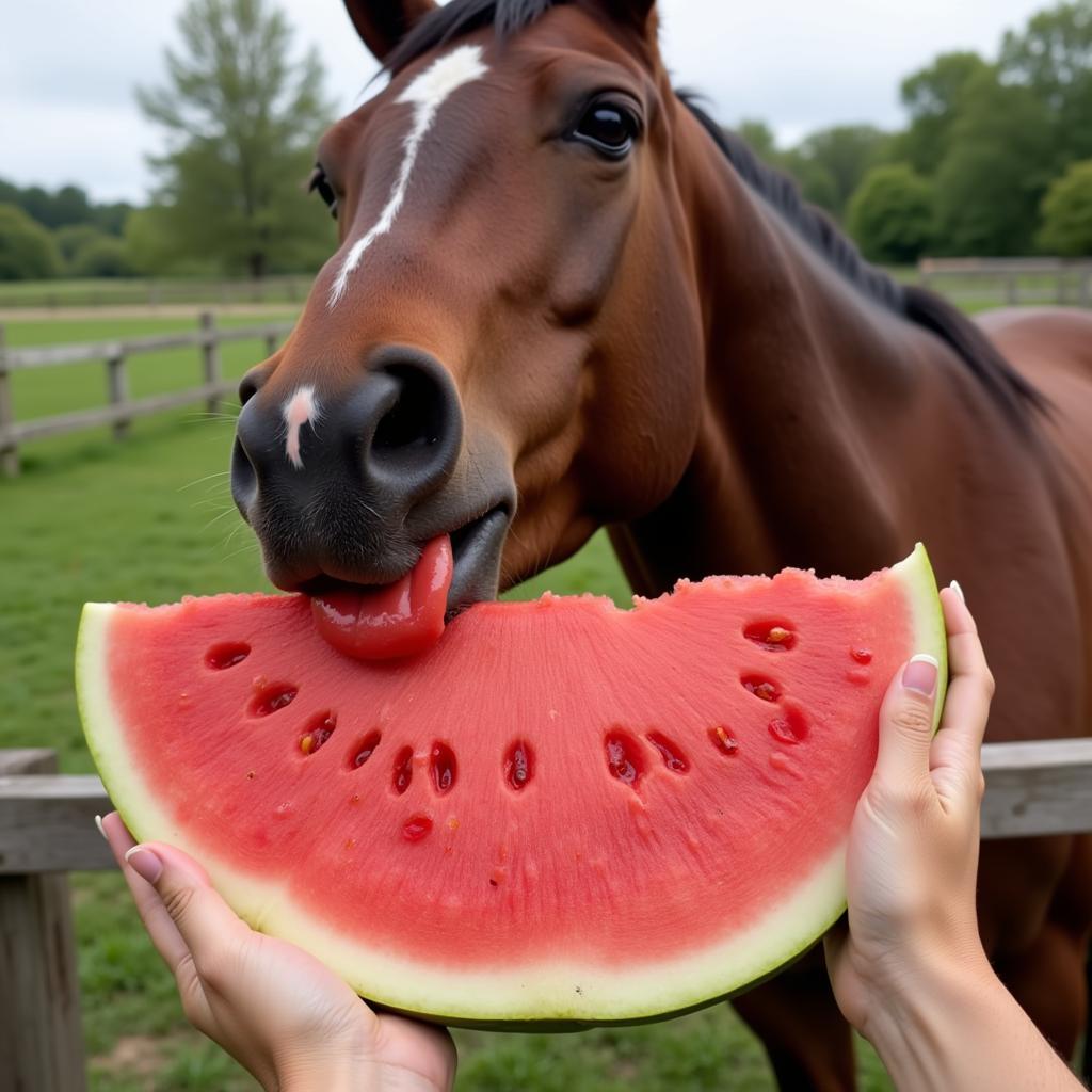 Horse Enjoying Watermelon Treat