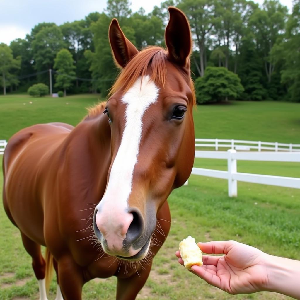 Horse enjoying electrolyte treats during training