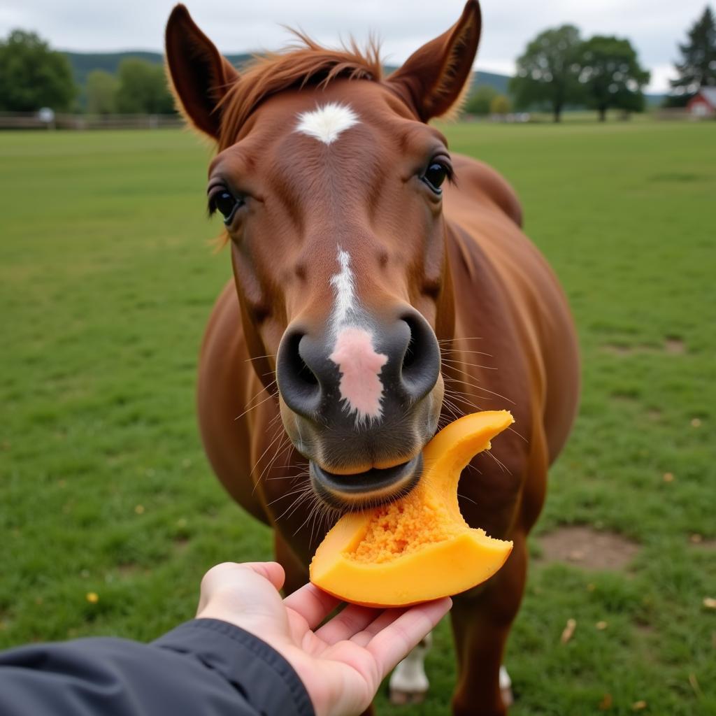 Horse enjoying pumpkin treats