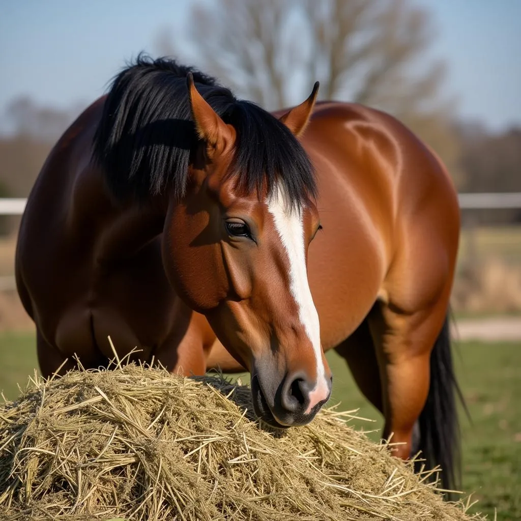 A Horse Happily Eating Sainfoin Hay