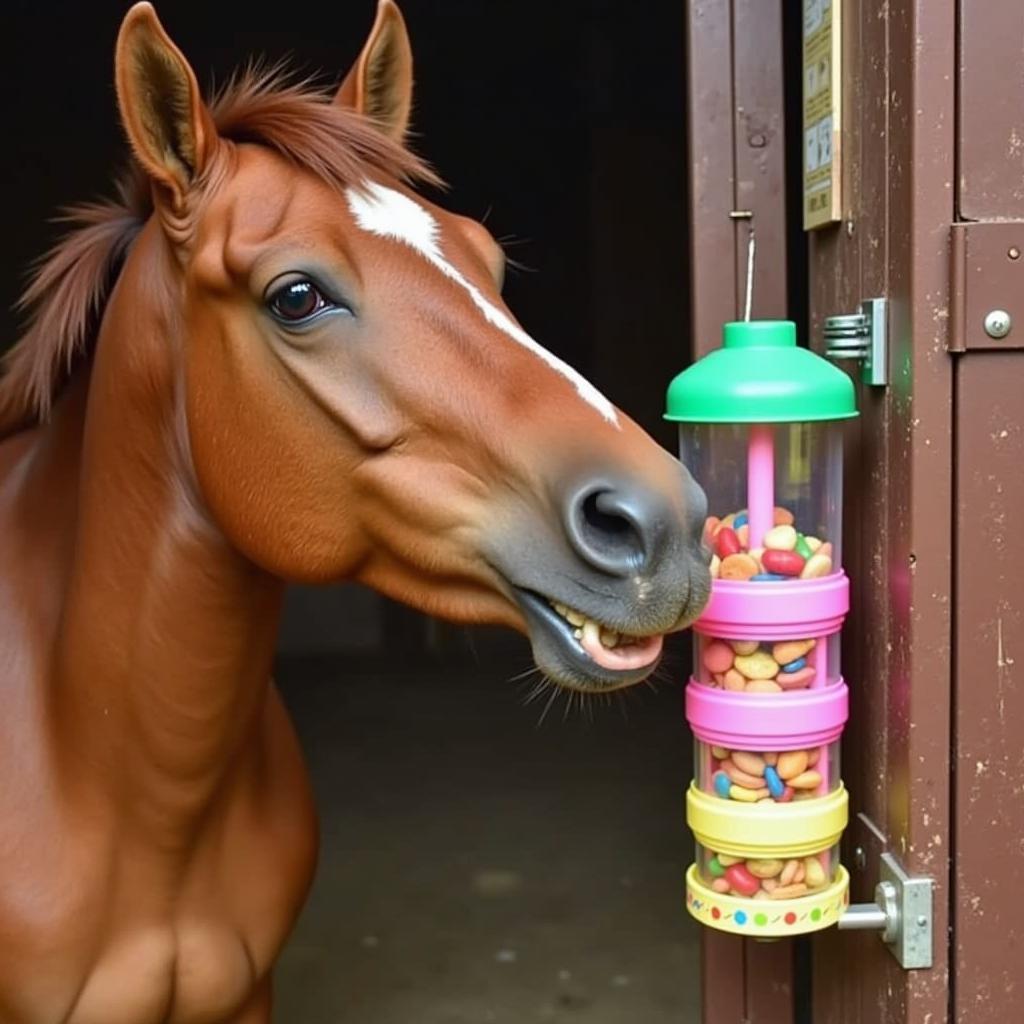 Horse engaging with a hanging treat dispenser toy