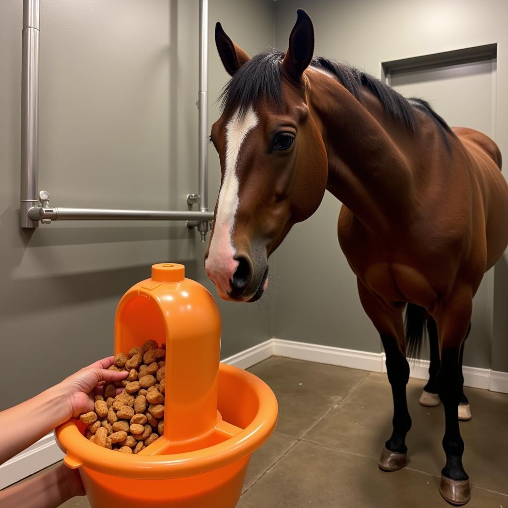 Horse entertaining itself with a treat dispensing toy during bath time