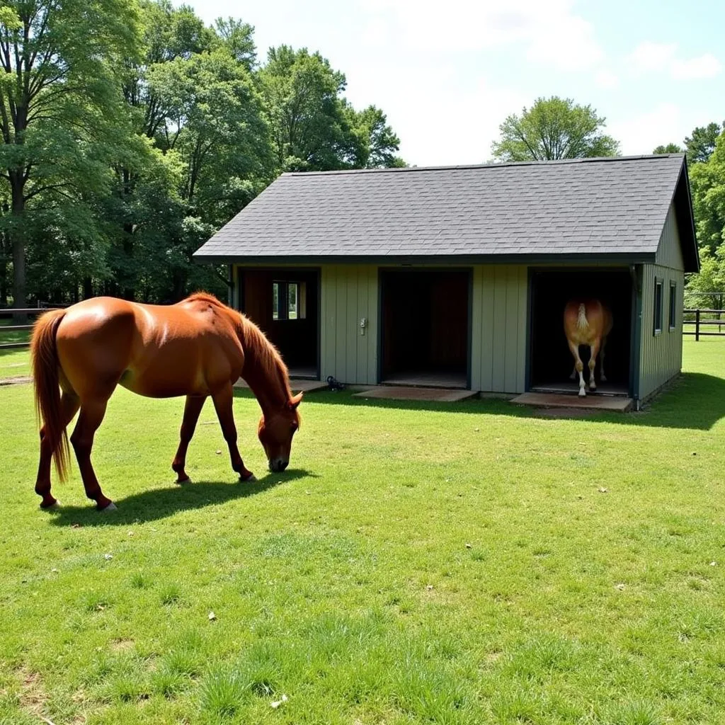 A Chestnut horse enjoying turnout time in a paddock