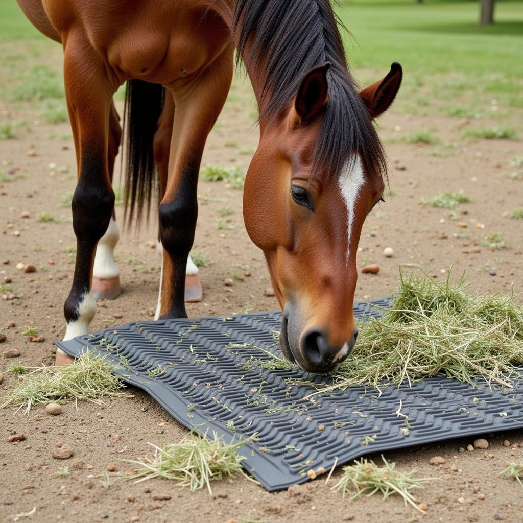 Horse eating from a feed mat to avoid sand ingestion