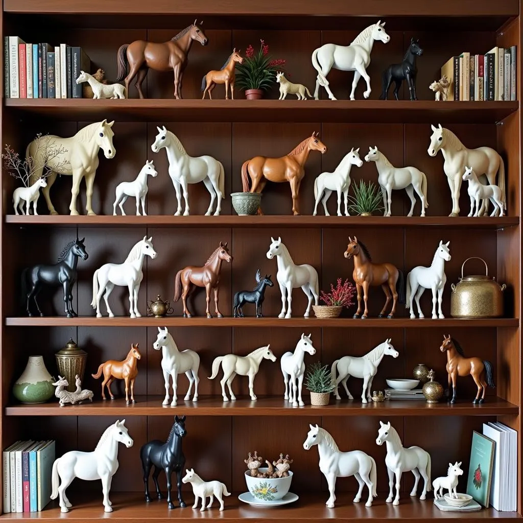 Collection of Horse Figurines on Bookshelf