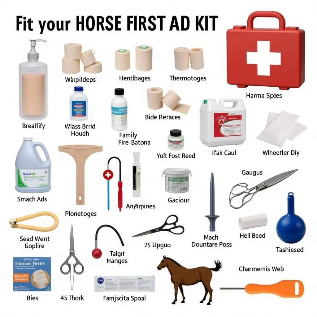 Essential supplies in a horse first aid kit