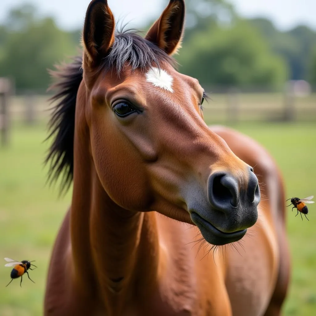 Horse visibly annoyed by flies, trying to swat them away