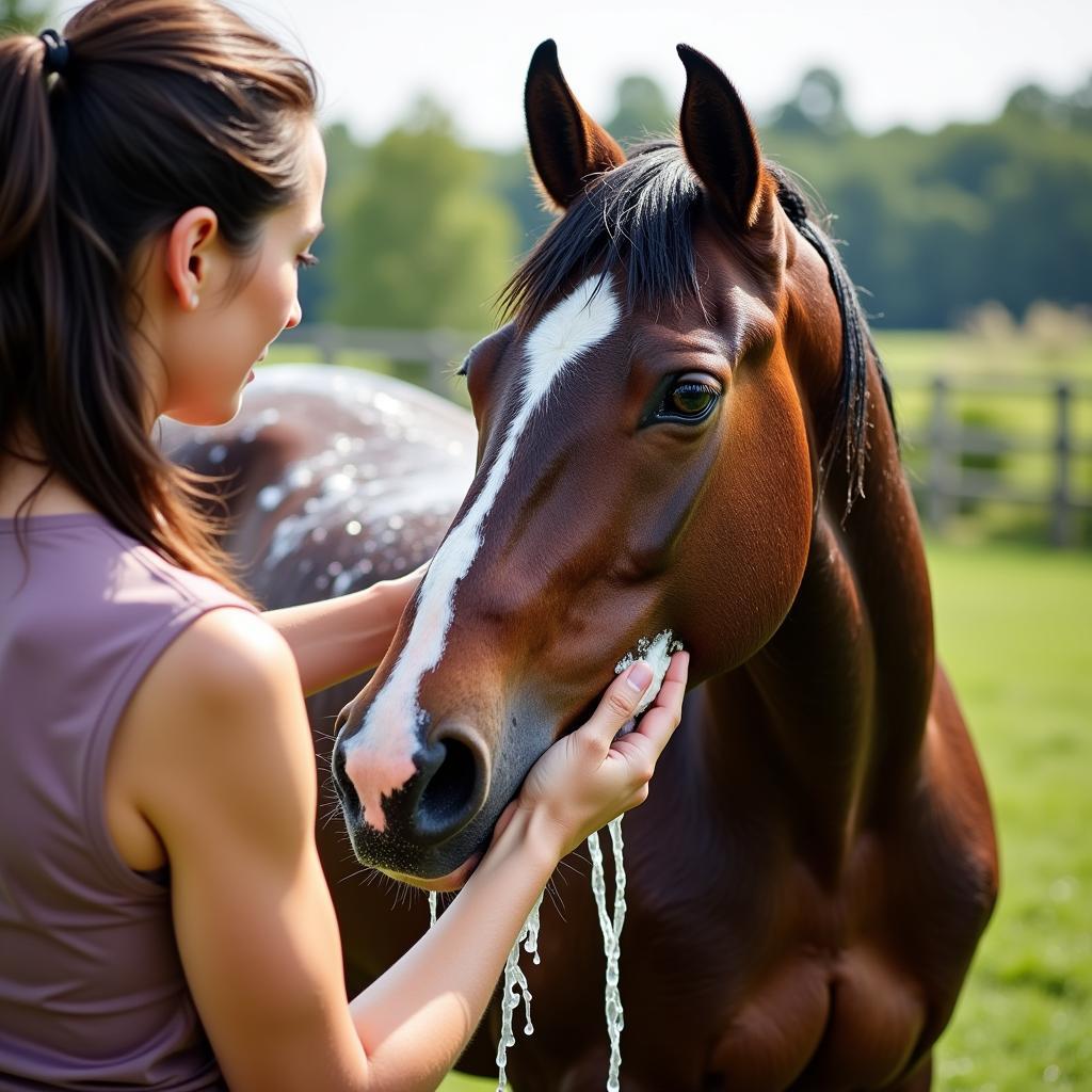 Horse getting a bath with Vetrolin shampoo