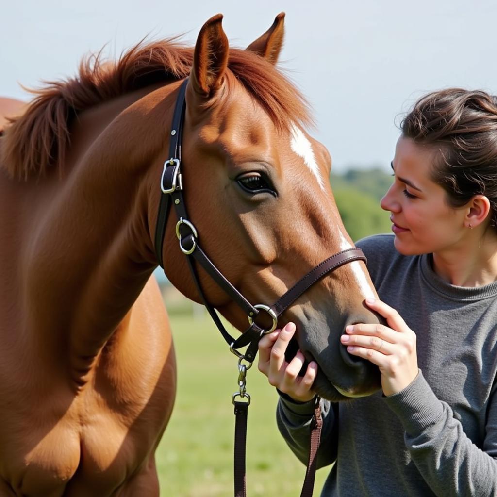 A horse having its teeth brushed by its owner