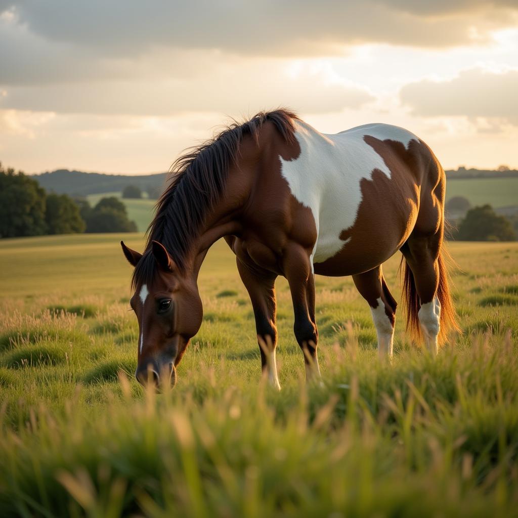 Horse peacefully grazing in a field