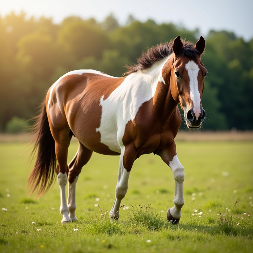 A horse grazes peacefully in a field with effective fly control measures in place.