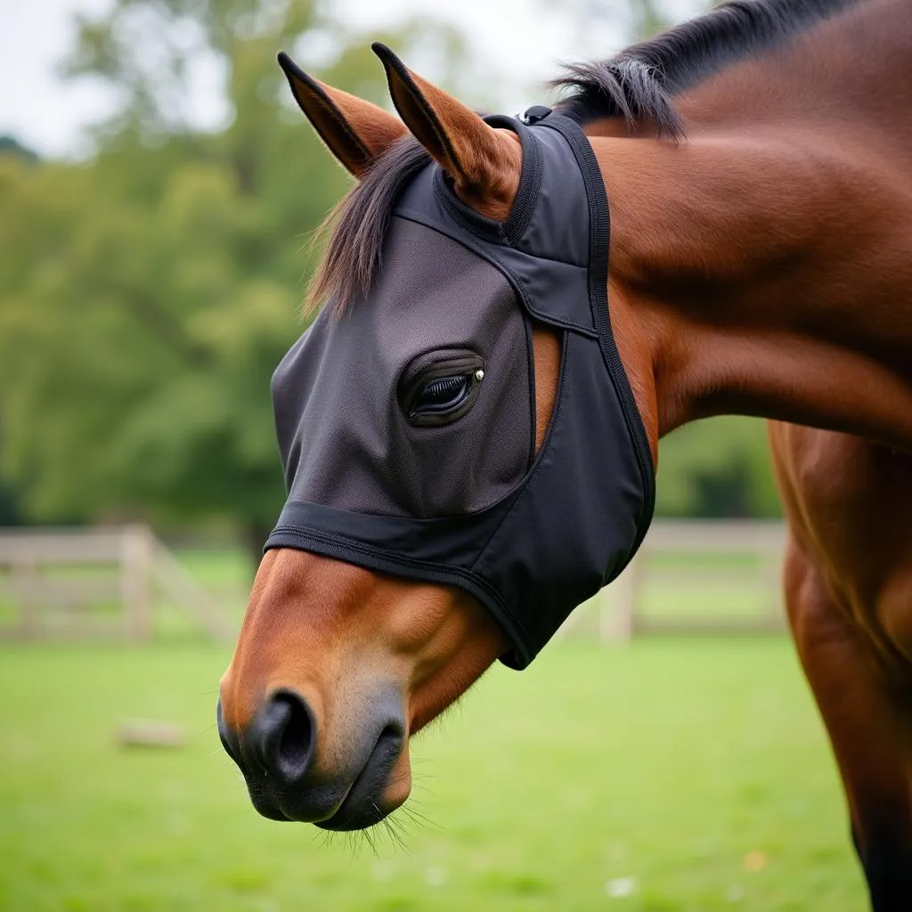 Horse Grazing in a Fly Mask Without Ears