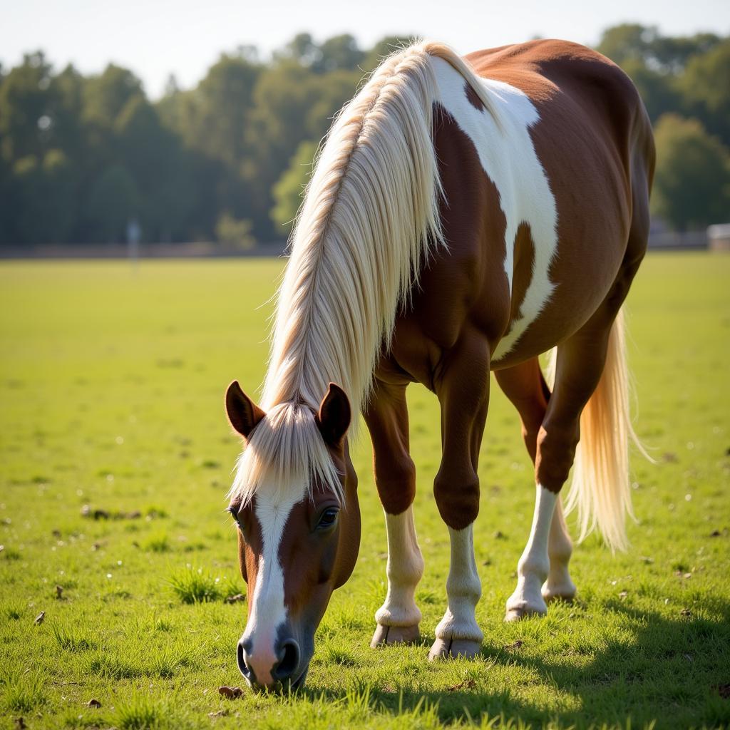 Horse grazing peacefully in a green pasture