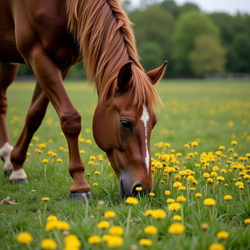 Horse Grazing Near Dandelions in a Field