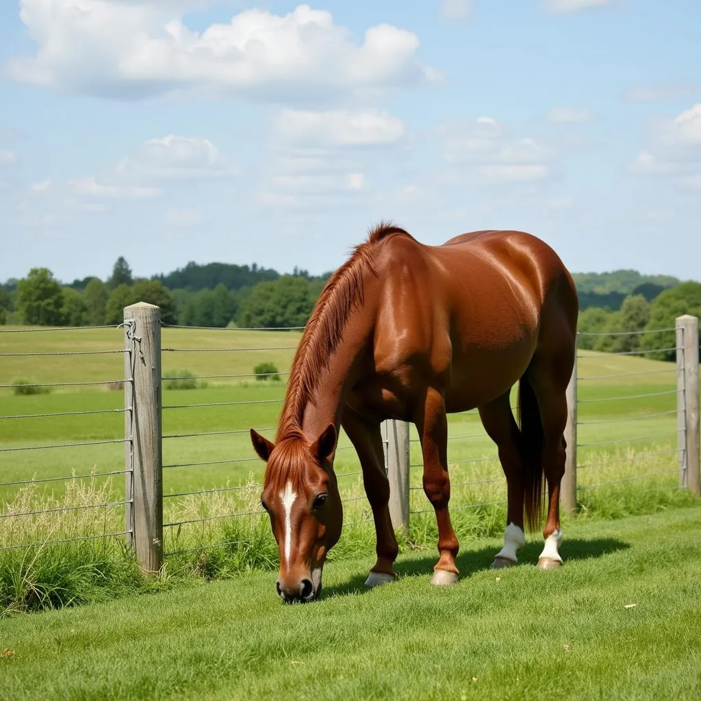 Horse Grazing Near an Electric Fence