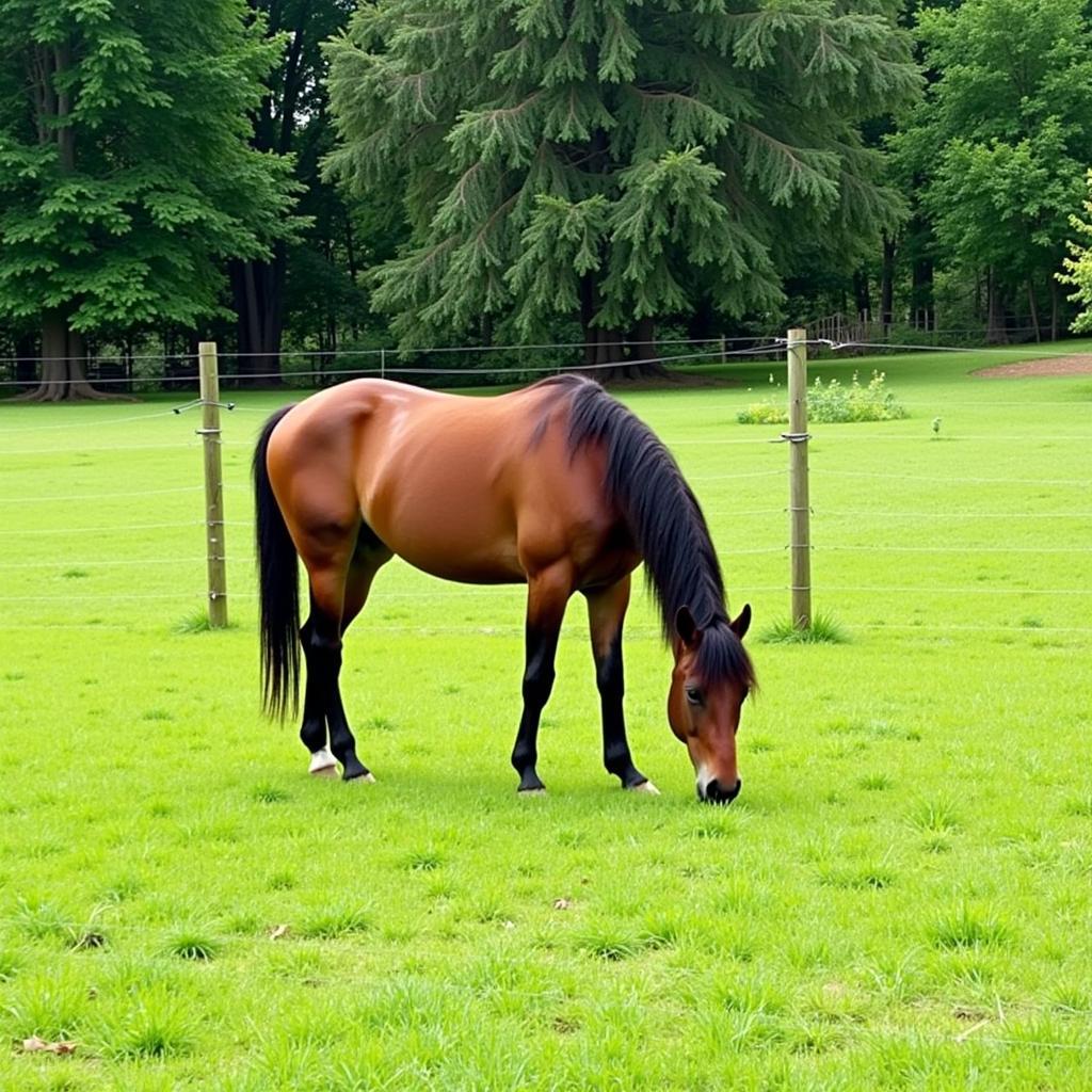 Horse Grazing Near Electric Fence