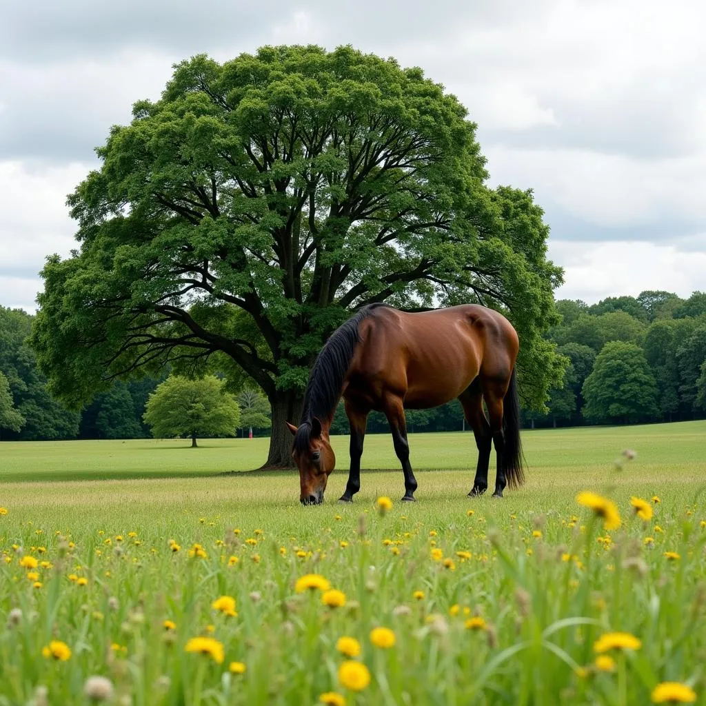 Horse Grazing Near a Mulberry Tree