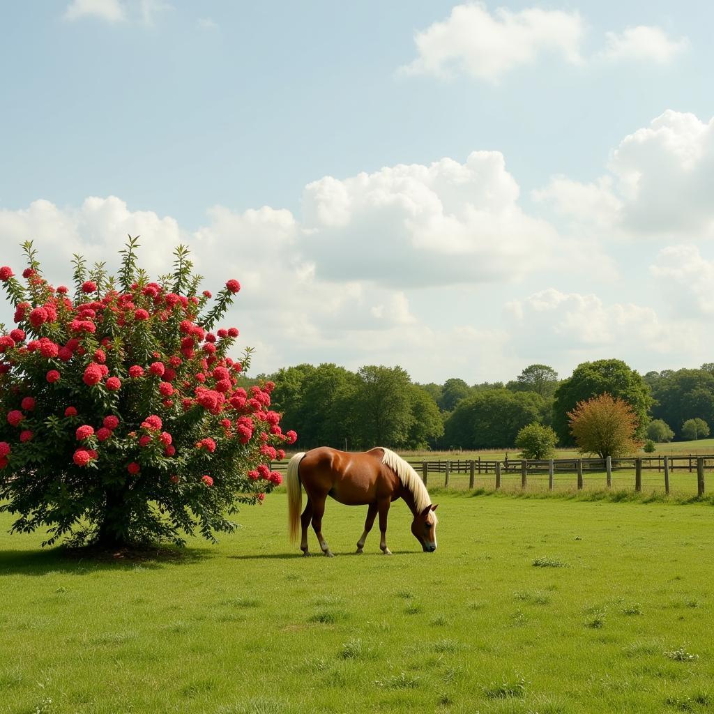 Horse grazing peacefully near rose bushes