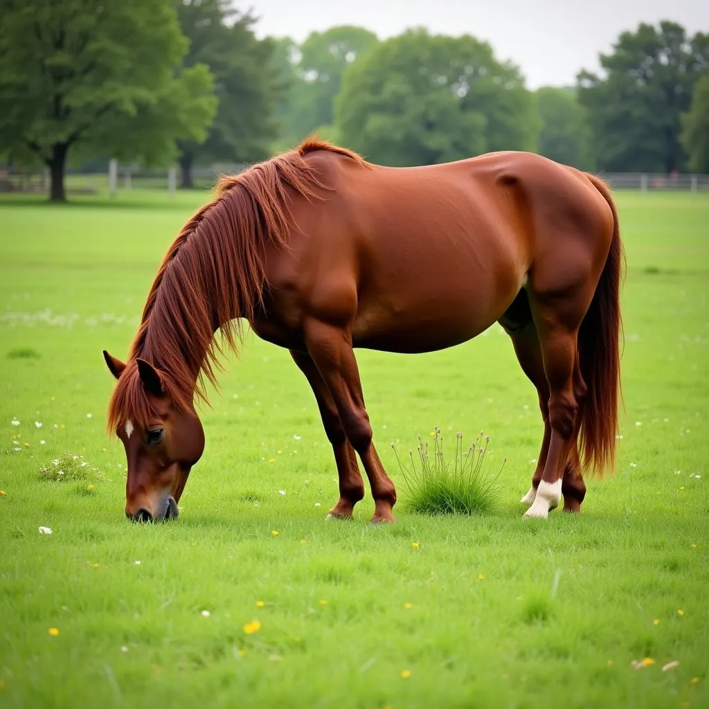 Horse Grazing on Lush Pasture