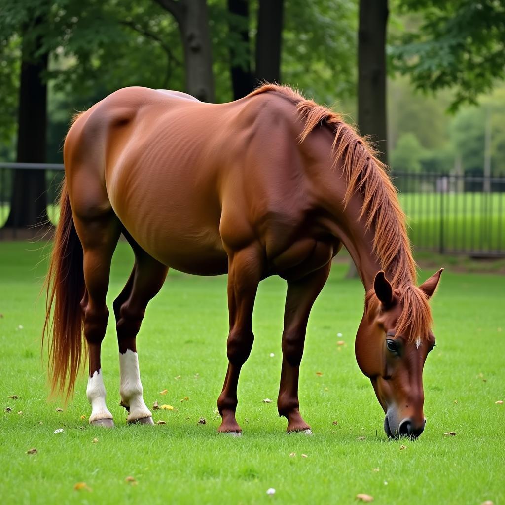 Horse happily grazing on pasture