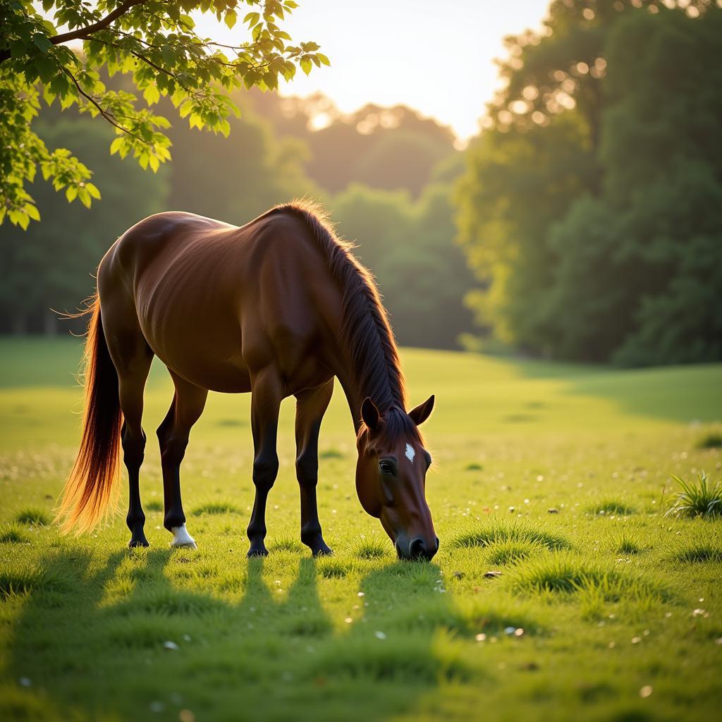 A horse grazing on a lush green pasture, highlighting the potential risk of ingesting vermiculus larvae present in the environment.