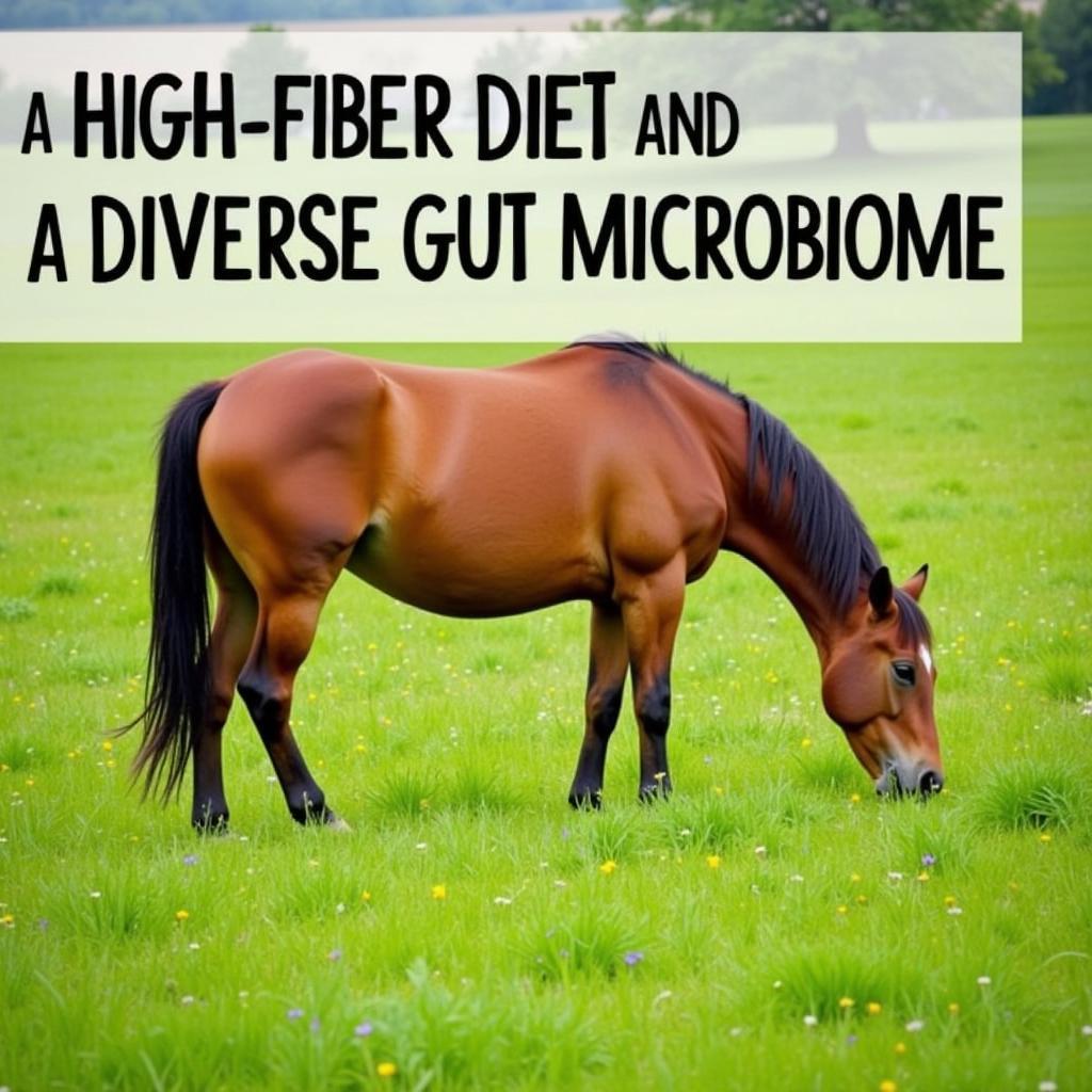 Horse grazing in a lush pasture with text overlay highlighting microbiome diversity