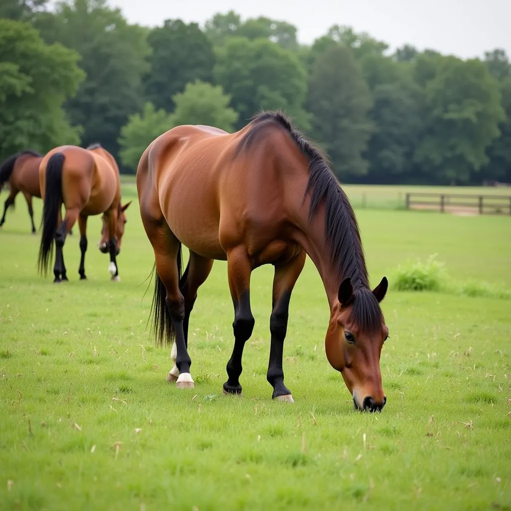 A horse grazing peacefully in a field, free from fly annoyance.