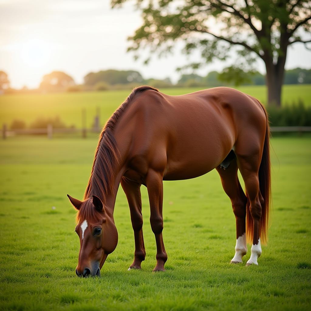 A Horse Grazing Peacefully in a Green Pasture