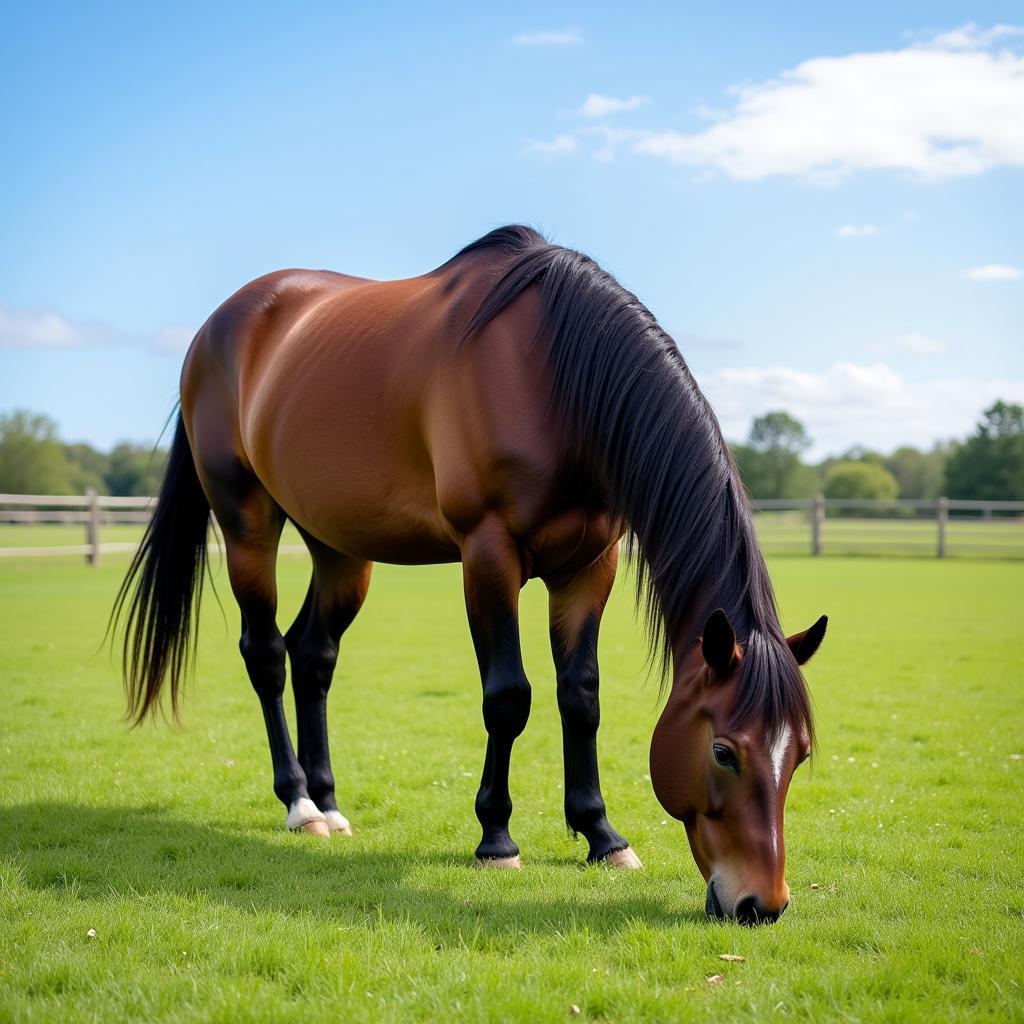 A horse grazes peacefully in a pasture