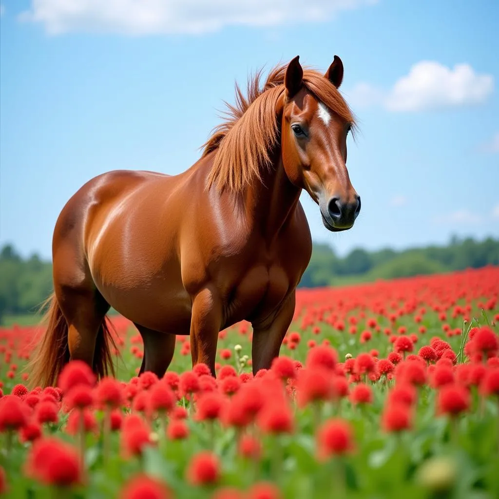 Horse Grazing Red Clover Field